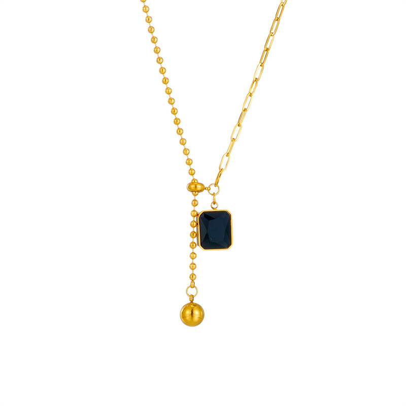 Korean version of a niche high-end simple metal titanium steel black square diamond round bead asymmetrical pull-out adjustable collarbone necklace Item Picture