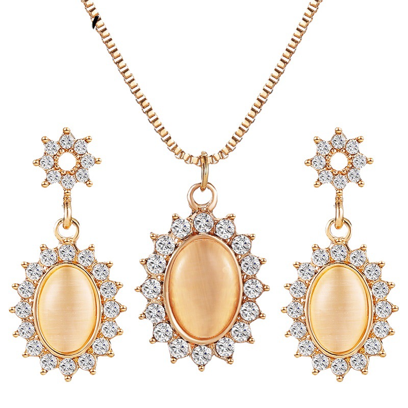 Korean-style cat's eye sunflower earrings, French-style micro-inlaid zircon oval necklace, retro lady jewelry Item Picture