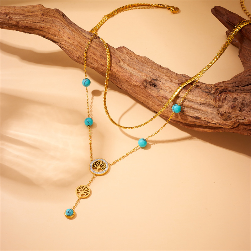 European and American retro, simple and fashionable double-layer gold-plated stainless steel chain tassel life tree blue turquoise accessory necklace details Picture