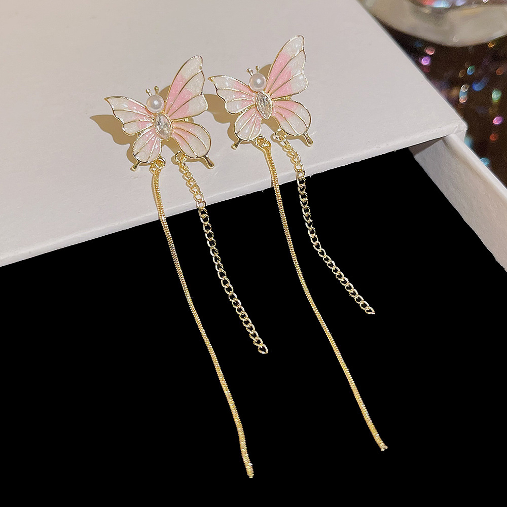 S925 Silver Needle French Romantic and Fresh Earrings, summer high-end stud earrings, light luxury style butterfly tassel earrings Application Scenario