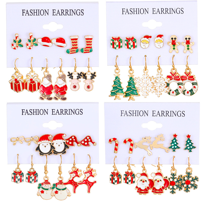 European and American Christmas earring set combination ins alloy oil-dripping snowman Snowflake reindeer Christmas tree stud earrings Item Picture