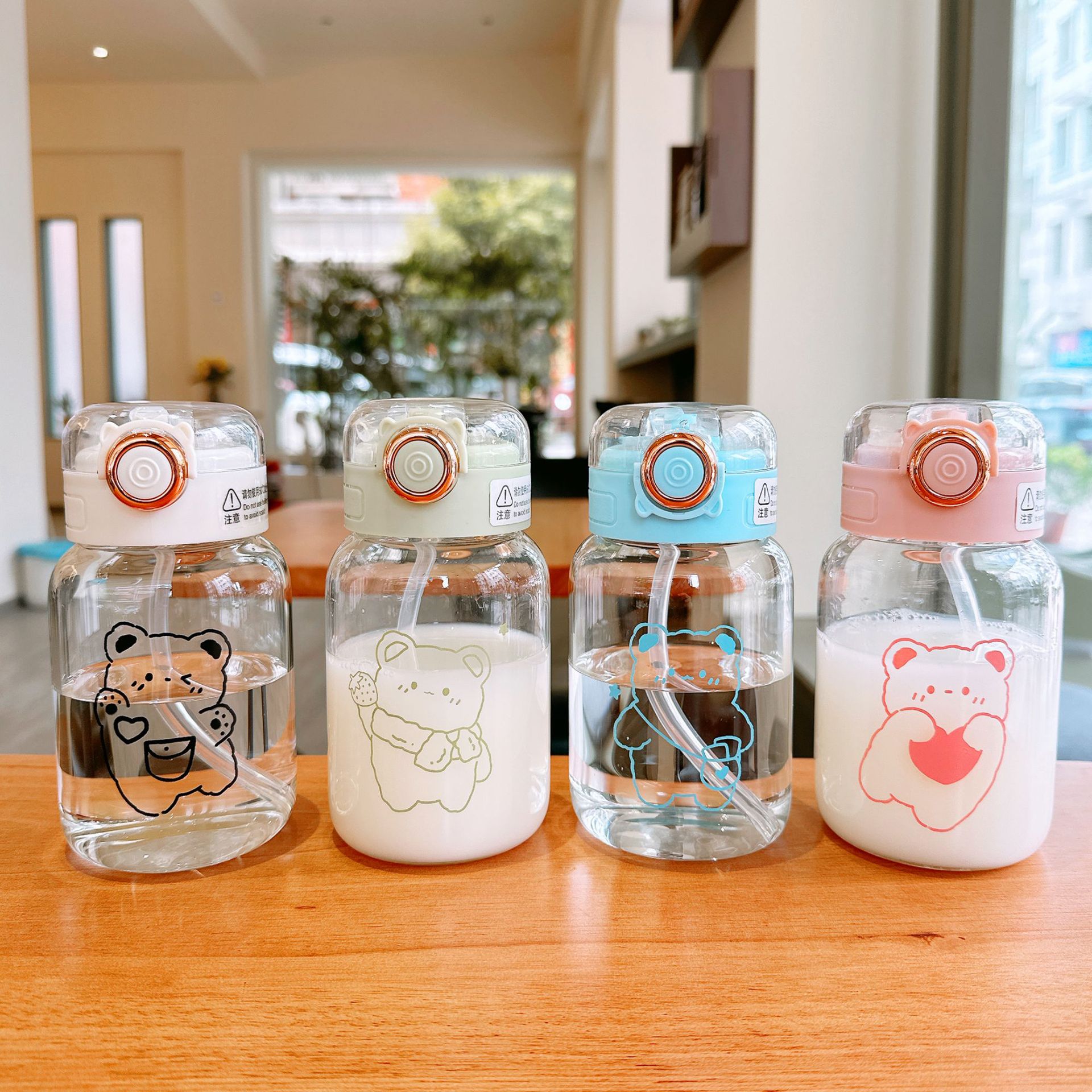 Cartoon glass cups, simple and fashionable, small student water cups, portable pop-up LIDS, high appearance standards for girls, straw cups wholesale details Picture