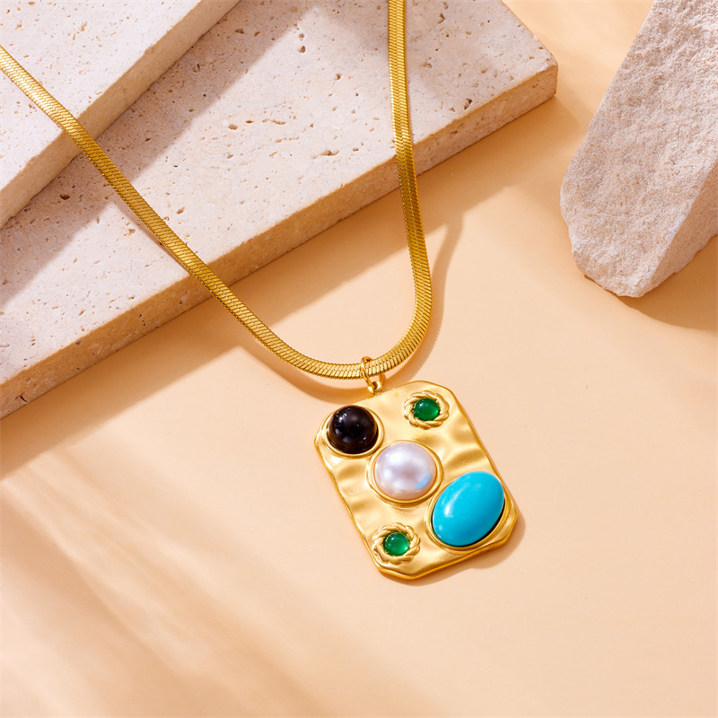 European and American cross-border fashion gold-plated, turquoise and pearl square pendant stainless steel collarbone necklace details Picture