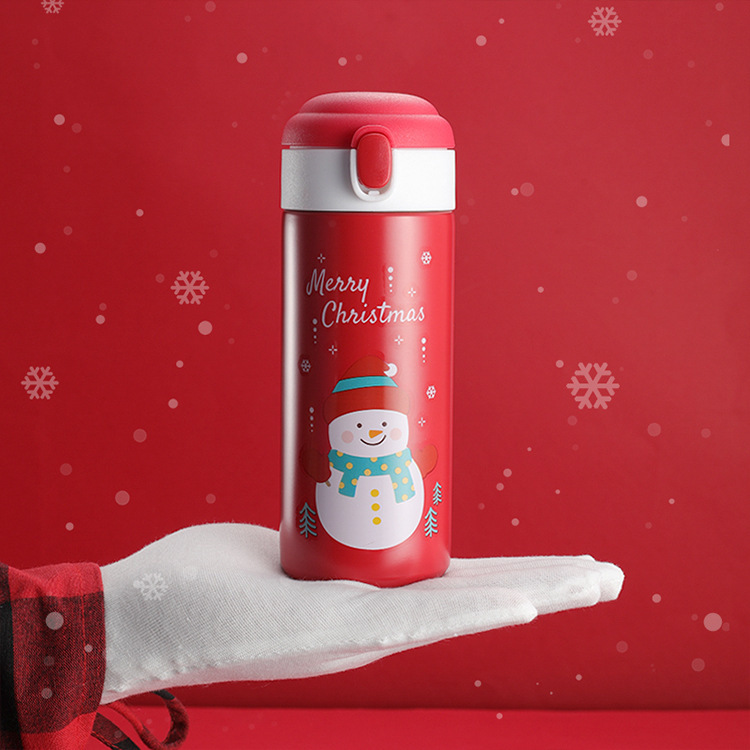 Christmas series cartoon insulated cups, snowman and elk printed lockable water cups, office and school straw cups Specification drawing