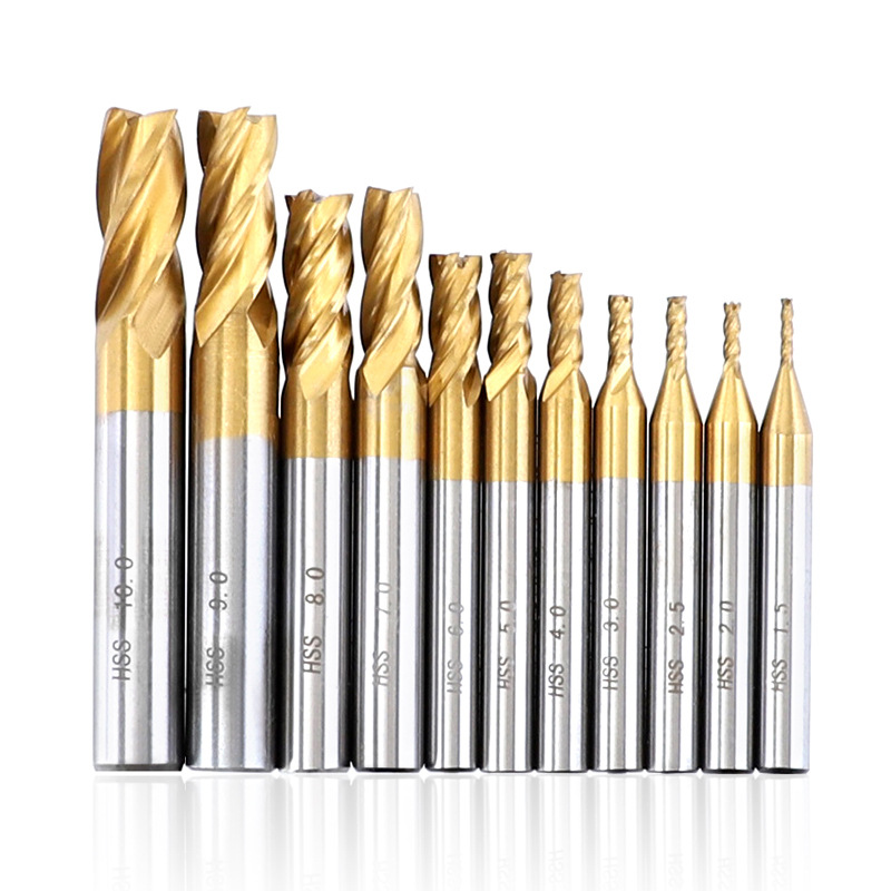 High-speed steel and aluminum milling cutters 1.5-10mm four-edge white steel straight shank titanium-coated end mills, end face mills full figure