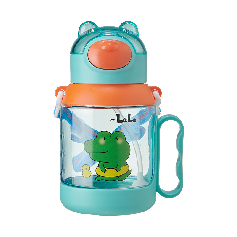 Handle and strap dual-purpose straw cup for boys and girls to drink water, creative water bottle for kindergarten, anti-drop and cute plastic water cup Item Picture