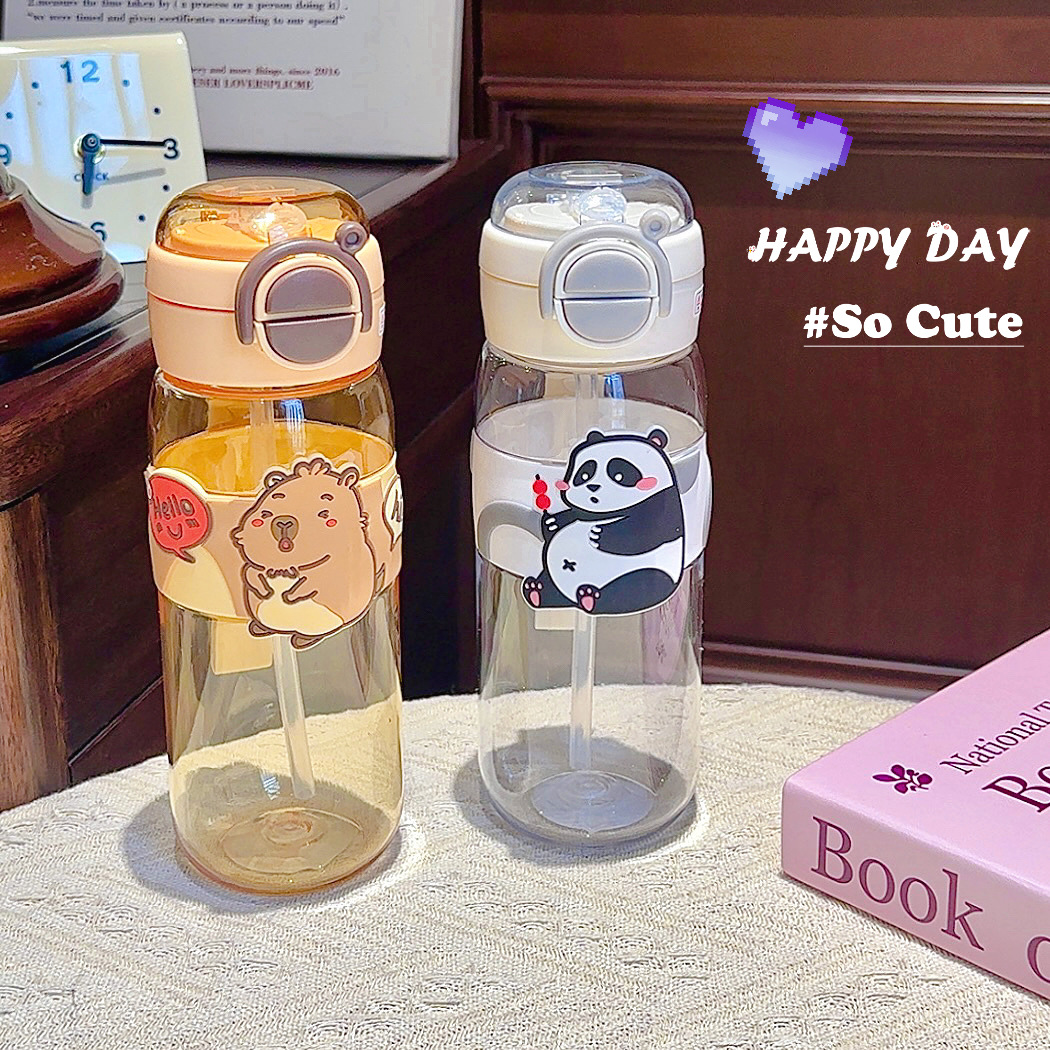 The new cartoon double-drinking straw cup is portable, leak-proof, and has a high appearance level. It is a plastic cup that is shockproof and a student Capibara water cup full figure
