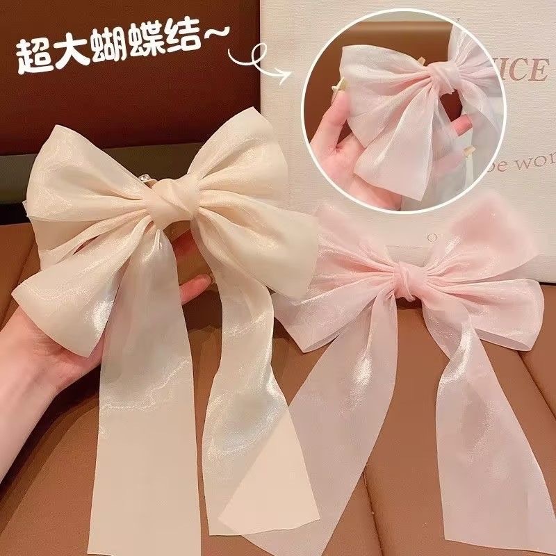 New mesh bow ribbon children's hair clip, girls' back head clip, girls' baby spring clip hair clip accessory Specification drawing