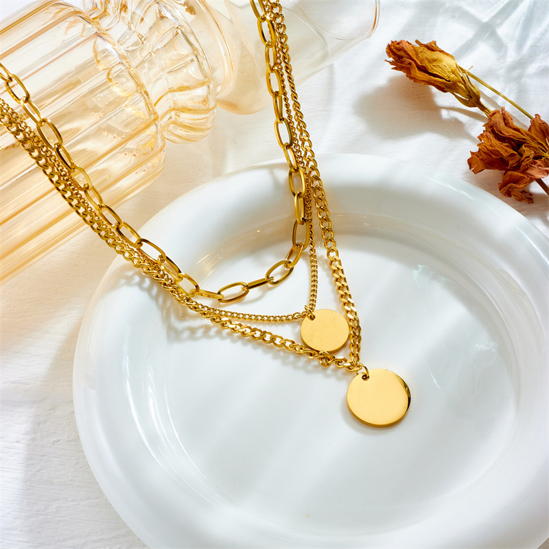 European and American fashion, creative and personalized multi-layer chain metal coin round pendant titanium steel necklace details Picture