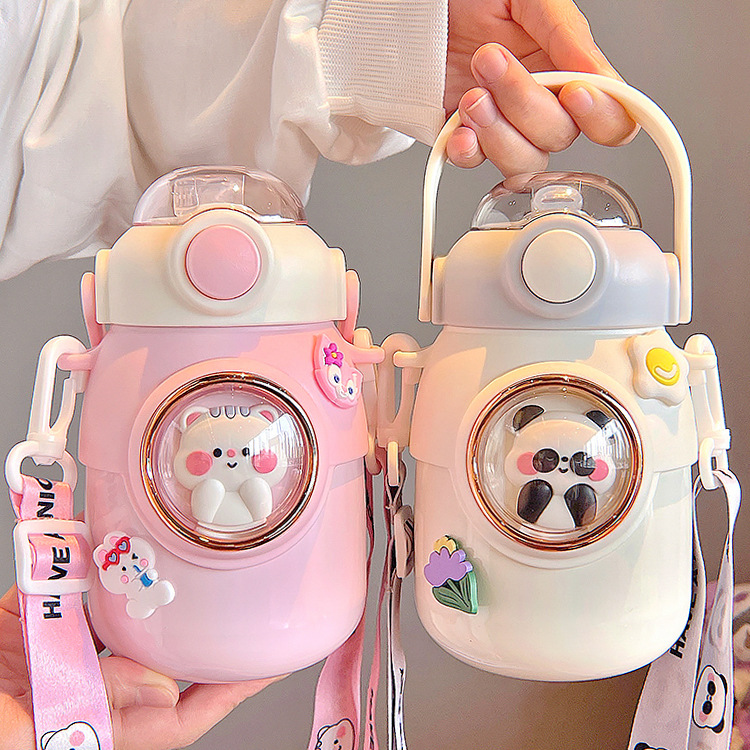 Cute student insulated cup, 316 stainless steel portable straw cup, wholesale water cup with high appearance level, spring cap sports full figure