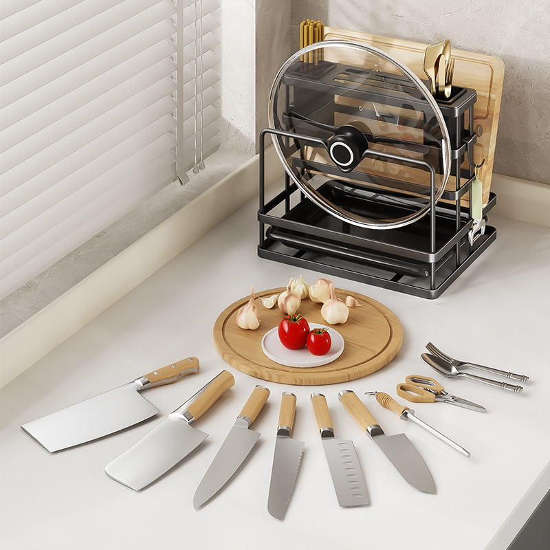 Multi-functional kitchen knife rack, countertop, cutting board rack, pot lid rack, wall-mounted chopstick holder, storage rack and draining rack without drilling details Picture
