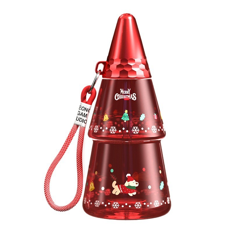 The new Christmas tree plastic cup features a large-capacity, heat-resistant, leak-proof straw cup and a portable children's water cup with a carrying rope Item Picture