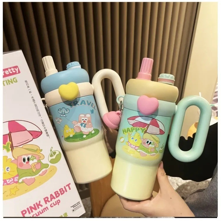 Cartoon doll stainless steel insulated cup, large-capacity straw cup for girls, high ins appearance level, portable handle water cup Application Scenario
