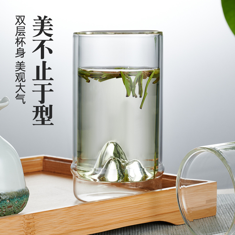 Wholesale household double-layer glass tea cups, mountain viewing cups, tea drinking cups, high appearance level cups, thickened high-temperature resistant tea brewing cups Specification drawing