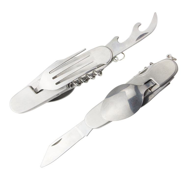 【 Manufacturer 】 Six-panel multi-functional camping tableware with logo printing, outdoor portable folding knife, fork and spoon 124g Item Picture