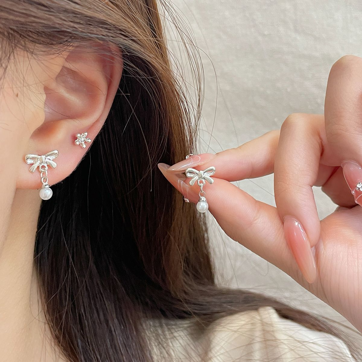 Simple, compact and cute, plain geometric stud four-piece set, women's silver needle, niche design sense, versatile daily earrings details Picture