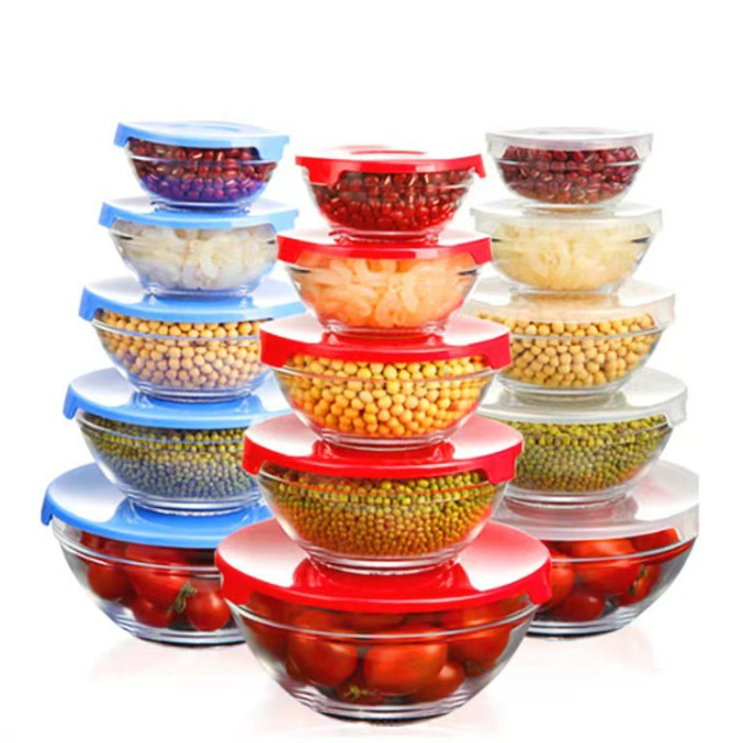 Five-piece set of glass food preservation bowl with lid, lunch box, salad instant noodle bowl, microwave transparent round glass bowl Item Picture