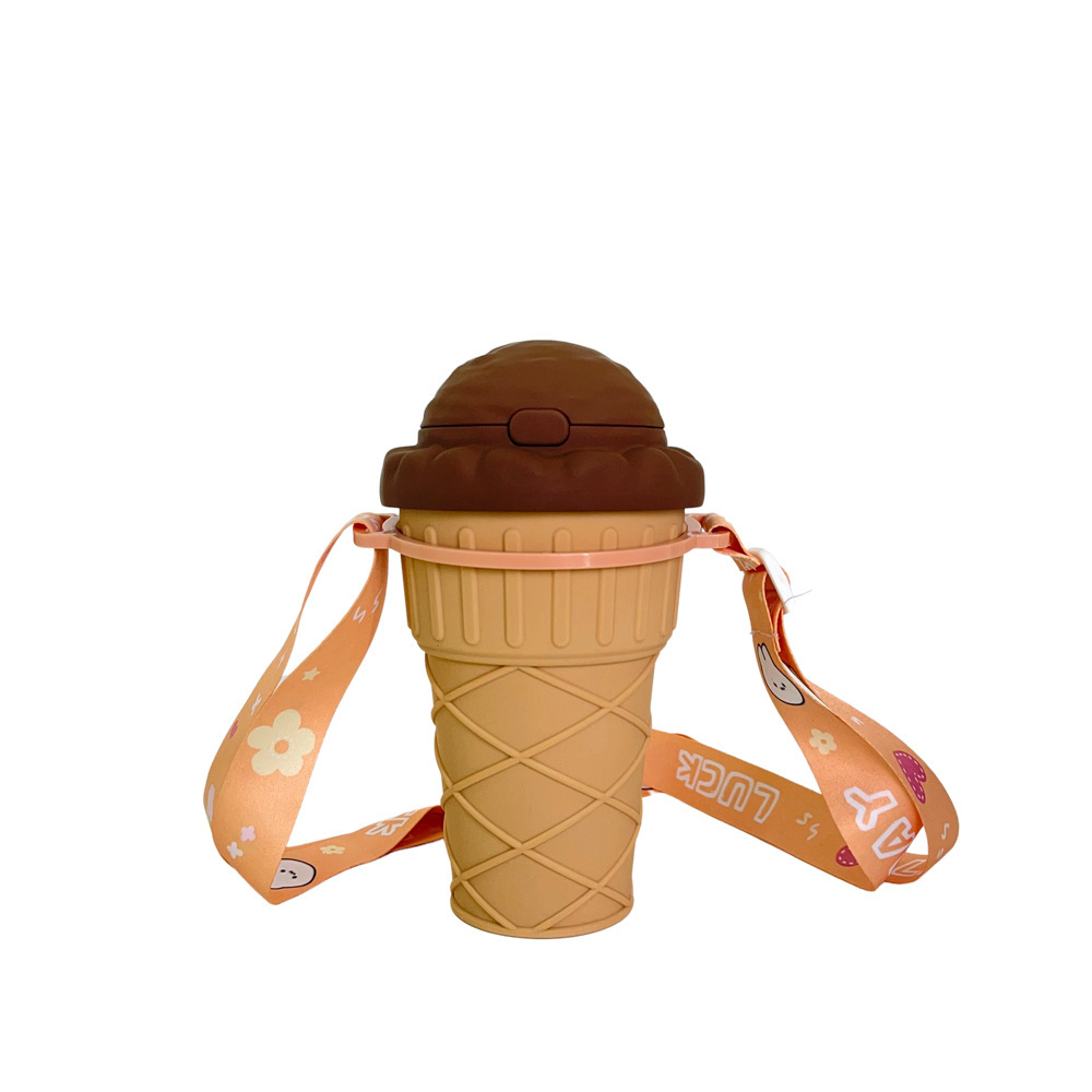 Cross-border e-commerce, high appearance level, creative ice cream, plastic water cup, spout, straw cup, portable crossbody strap water bottle Specification drawing