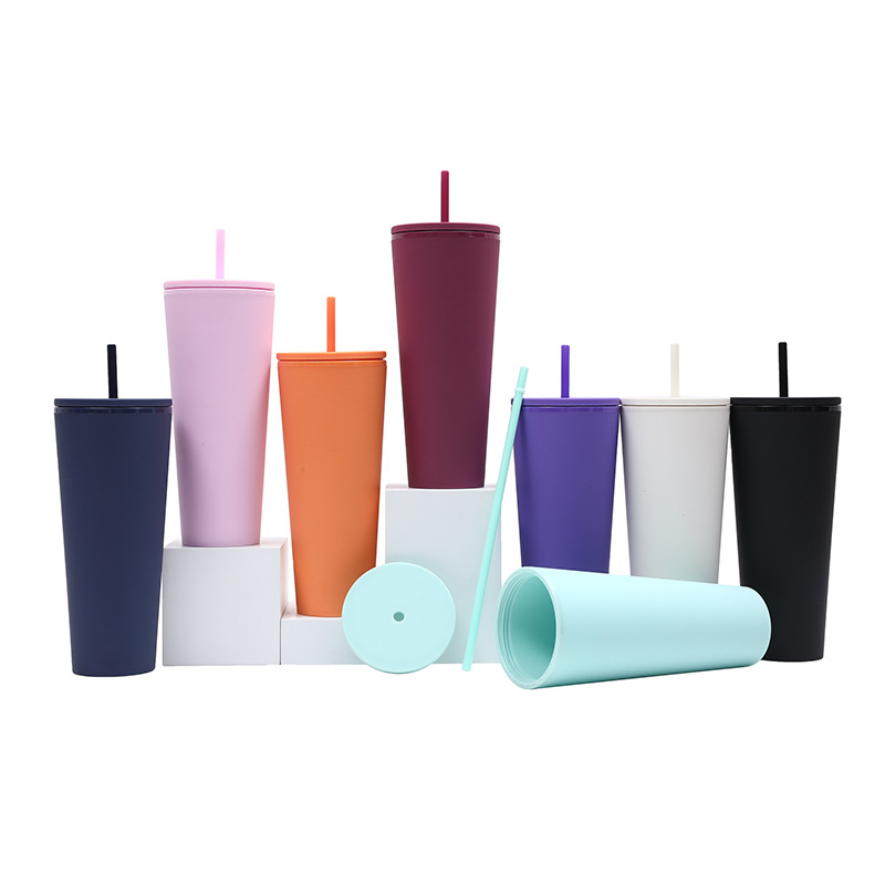 2025 New model factory direct supply cross-border best-selling large-capacity double-layer plastic cup, simple double-layer thickened straw cup Specification drawing