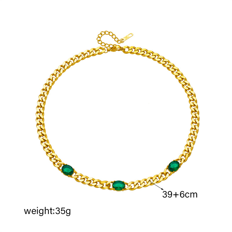 European and American cross-border fashion, simple and cold style, punk style, thick chain studded with diamonds, emeralds, titanium steel heavy metal necklace Item Picture