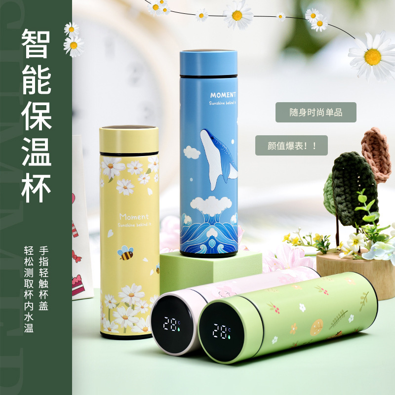 Artistic and fresh air 304 stainless steel smart insulated cup, double-layer vacuum straight cup, touch LED display temperature cup details Picture