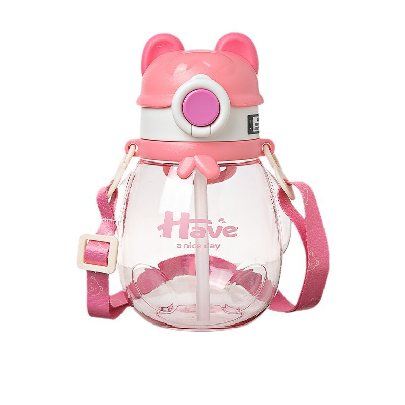New cute children's plastic cup, summer bouncy lid straw cup, shoulder strap portable cup Item Picture