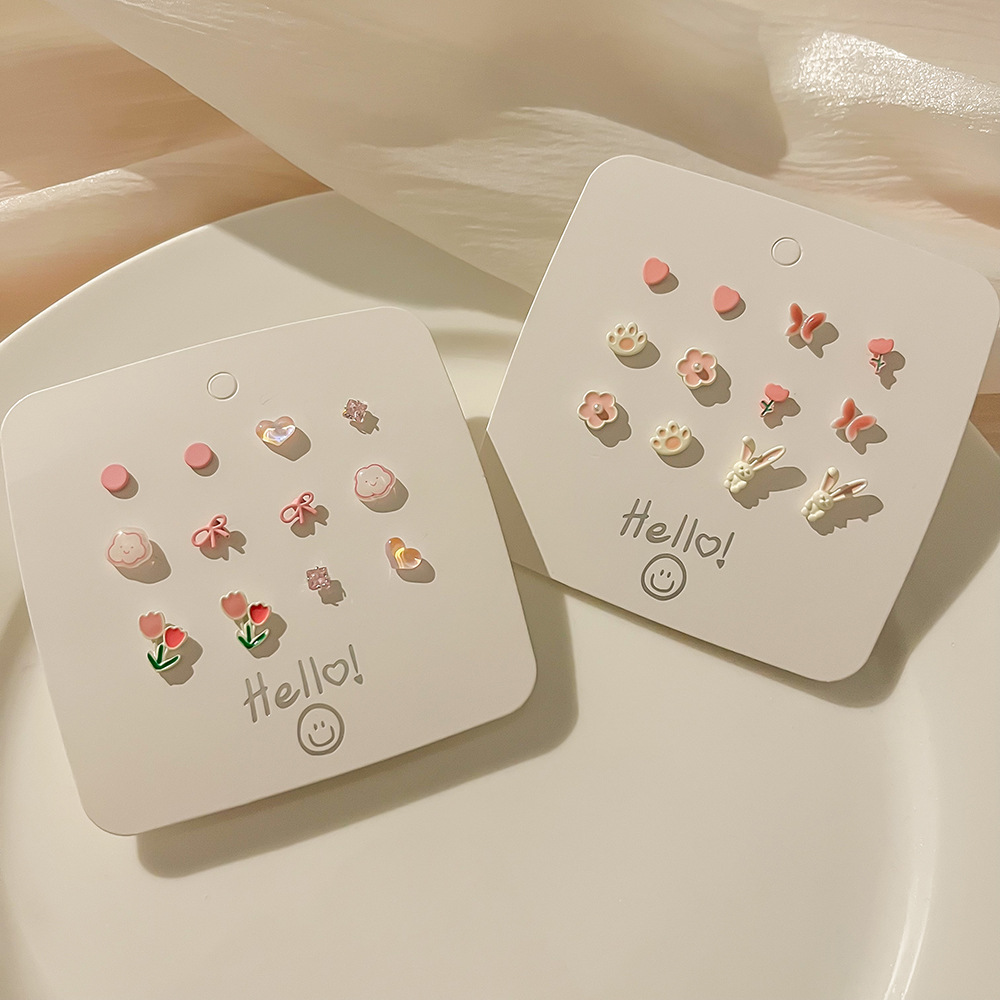 Summer new green flower ear stud set, cute silver needle, small and exquisite, fresh style earrings, ear bone stud for women Specification drawing