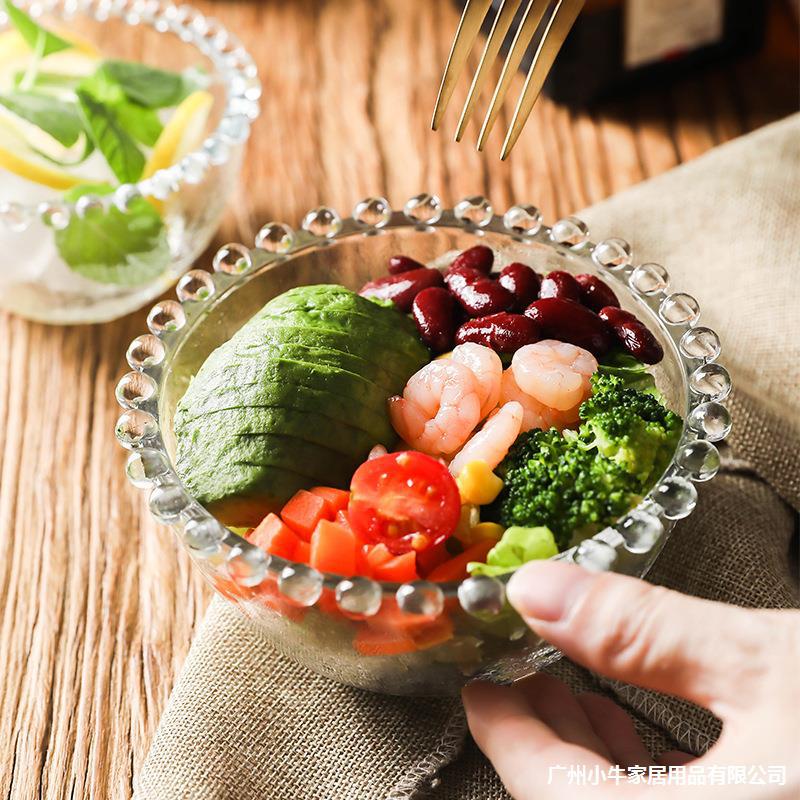 Beaded transparent glass bowl, salad bowl, household Japanese fruit bowl, creative tableware, popular Instagram bird's nest dessert bowl details Picture