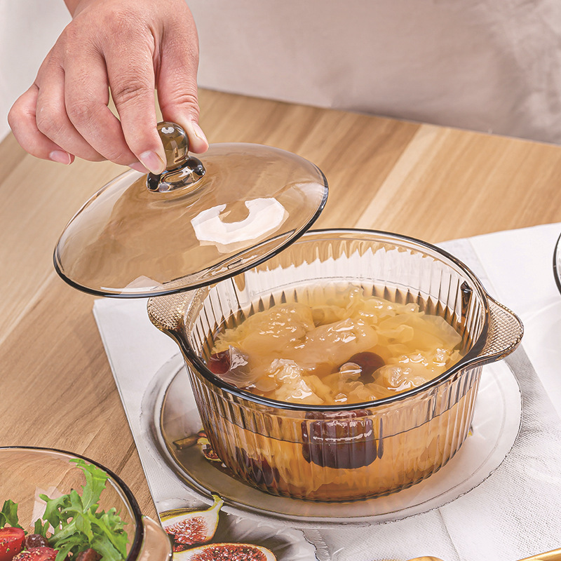 Tea-colored glass bowl with lid, European-style household double-ear glass bowl with lid, instant noodle bowl, salad noodle bowl, crystal pot Specification drawing