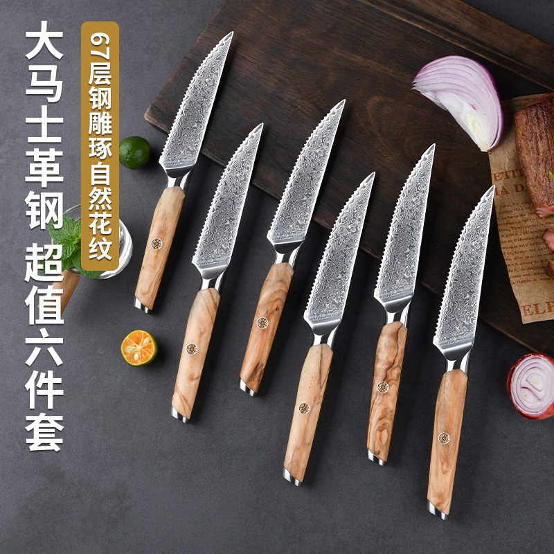 Damascus steak knife, a high-end stainless steel professional-grade kitchen knife, is sharp and durable. It is a chef's steak knife full figure