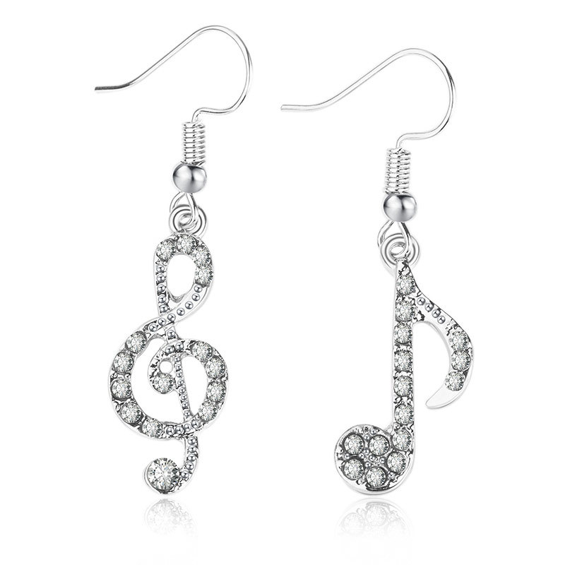 Japanese and Korean popular diamond-encrusted musical note asymmetrical earrings, student girl shining personality music symbol accessories Item Picture