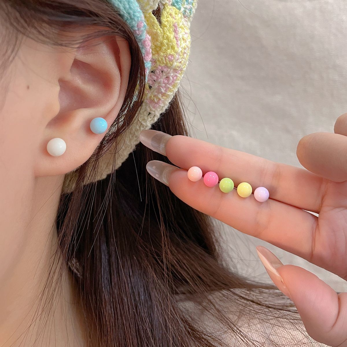 Colorful mini oil-dripping bean ear stud set, silver needle ear piercing, ear bone stud, small and versatile earrings for students details Picture