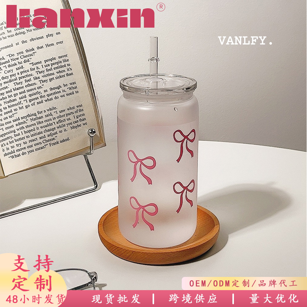 ins girl bow, popular plastic cup, heat-resistant coffee milk cup, cute, high appearance level frosted straw cup full figure