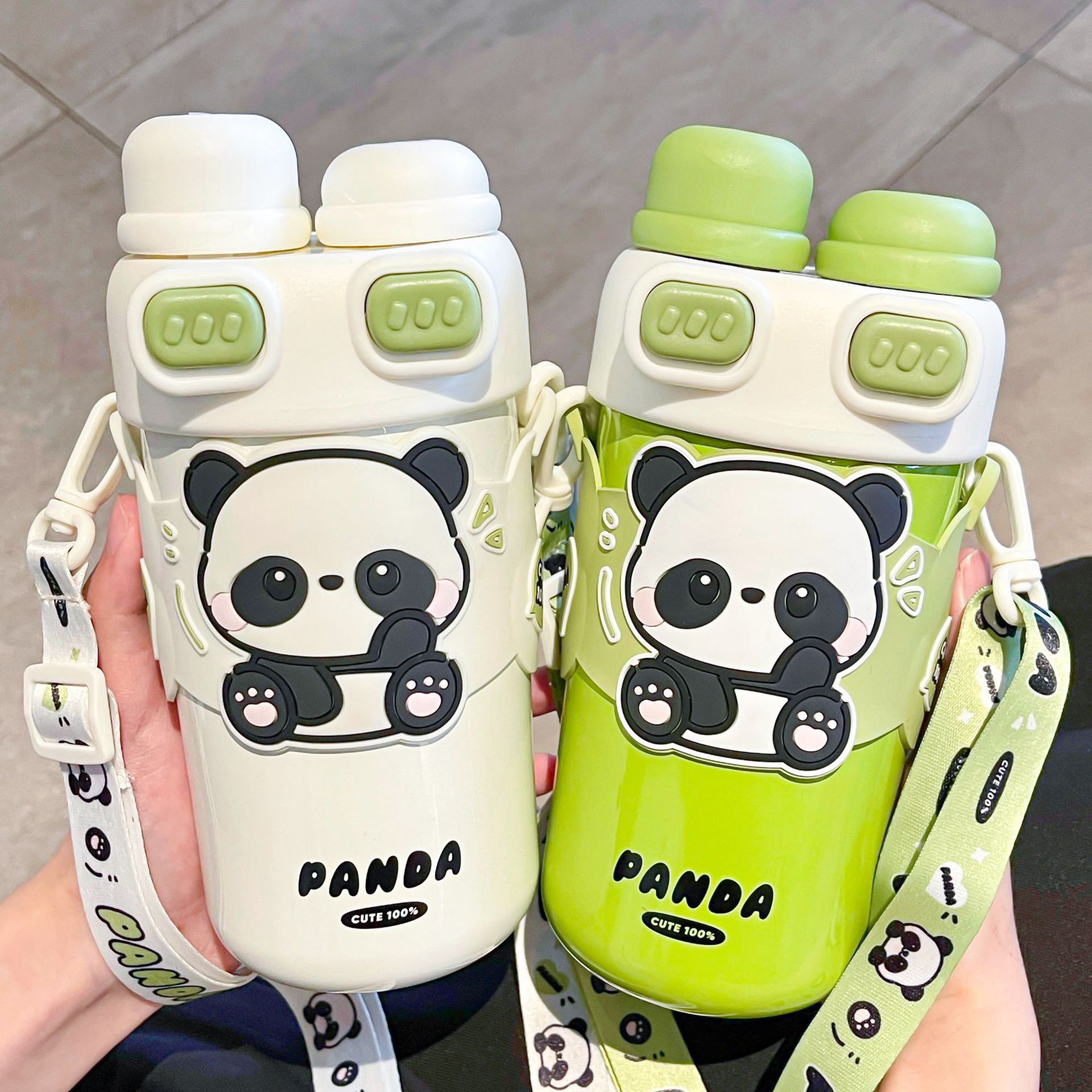 Cartoon children's insulated cup, panda double drinking cup, cute portable straw cup, double lid direct drinking cup, large capacity cup full figure
