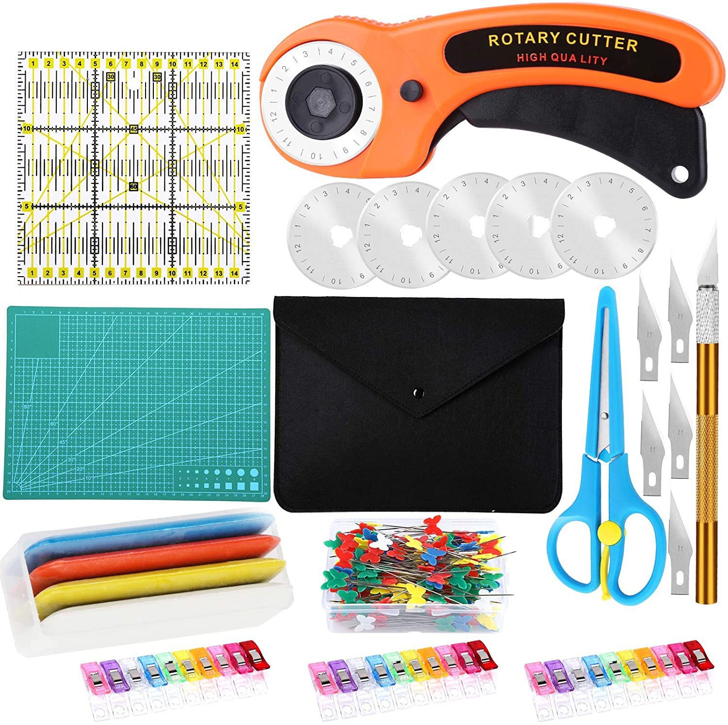 Fabric cutting knife, fabric cutting knife, circular roller cutting knife, cutting pad, fabric ruler combination, 45mm roller knife set undefined