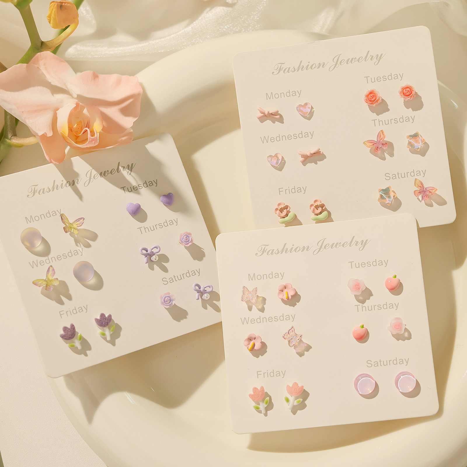Spring new, fresh and cute one-week stud earrings set, girlish silver needle small, versatile daily earrings wholesale details Picture