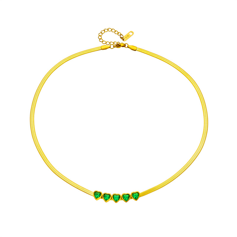 A simple and versatile green diamond-encrusted heart-shaped snake bone chain necklace with a unique retro design from Europe and America Item Picture