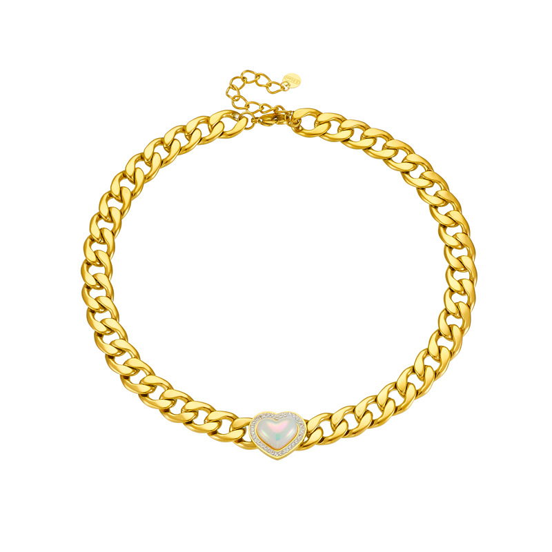 European and American fashion, individuality, punk, high-end style, gold-plated stainless steel chain, diamond-encrusted pearl heart accessory necklace Item Picture