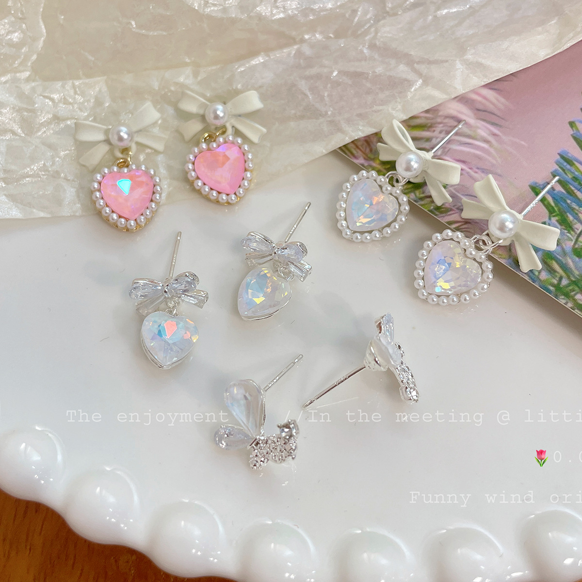 Summer new style sea salt transparent white bow Mermaid Girl heart earrings for women, exquisite and versatile, sweet and elegant earrings Specification drawing
