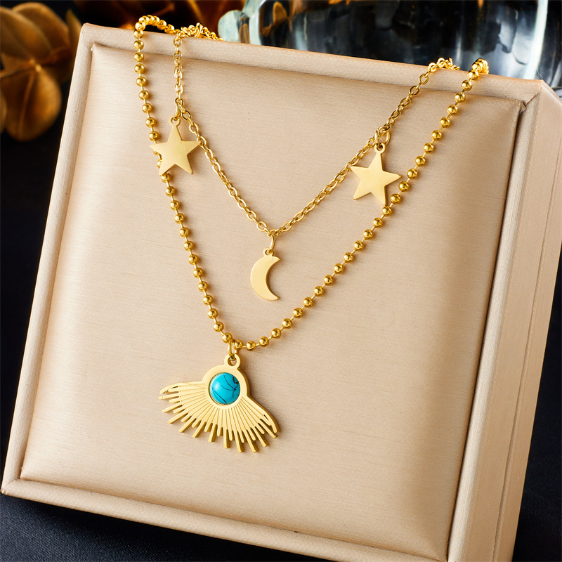 Fashionable cross-border gold-plated star and moon pendant, blue turquoise fan-shaped accessory, double-layer stacked stainless steel jewelry necklace full figure