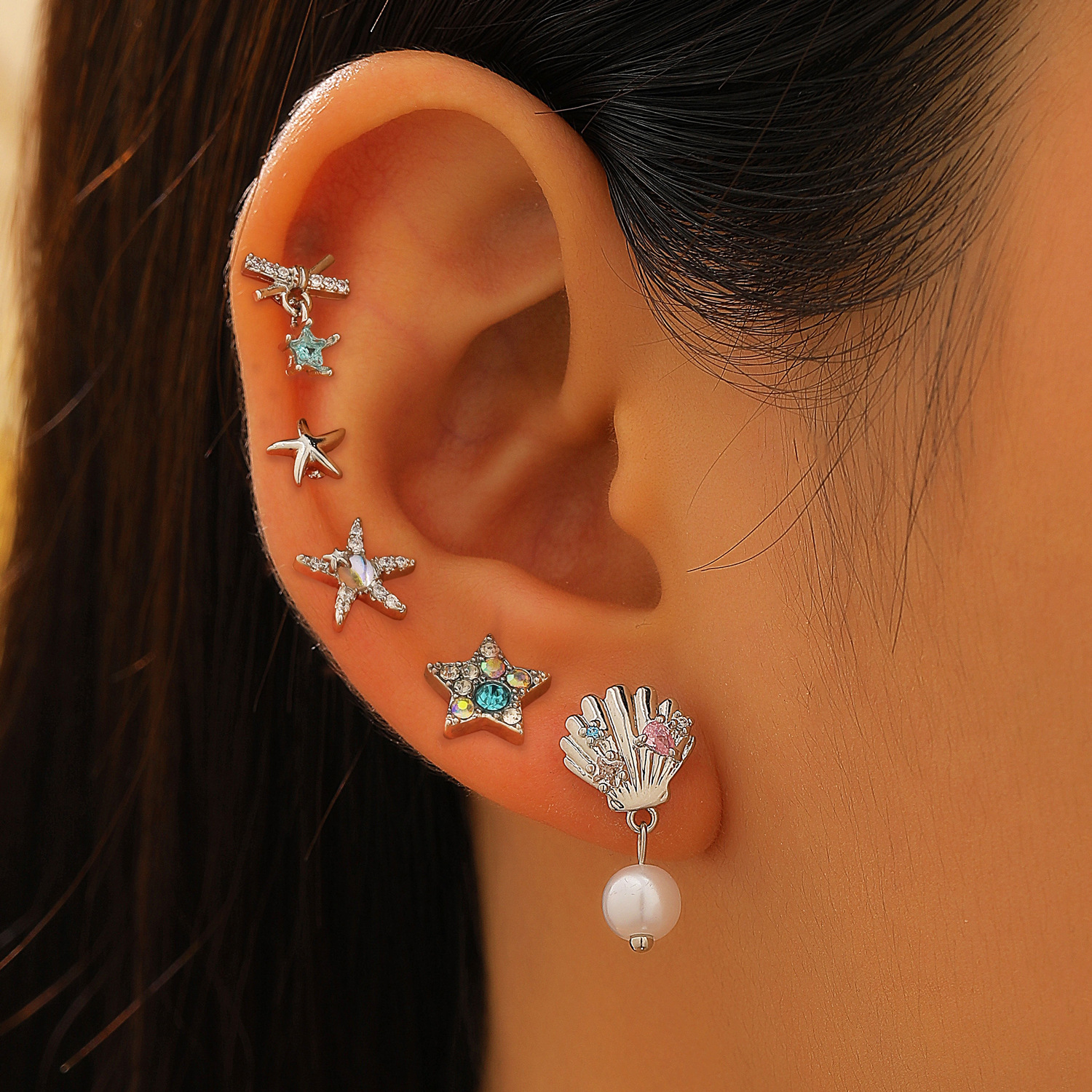 Cross-border accessories, ocean vacation style, fresh blue starfish, pearl, shell, ear bone nails, cochlear nails, single ear nails for women full figure
