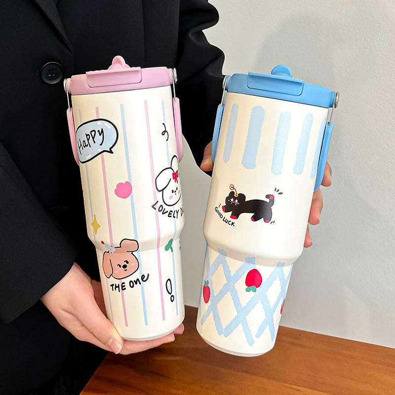 New cartoon ice cup, double-drinking, high-appearation-level cold water cup, large-capacity portable hand-held office coffee insulated cup full figure