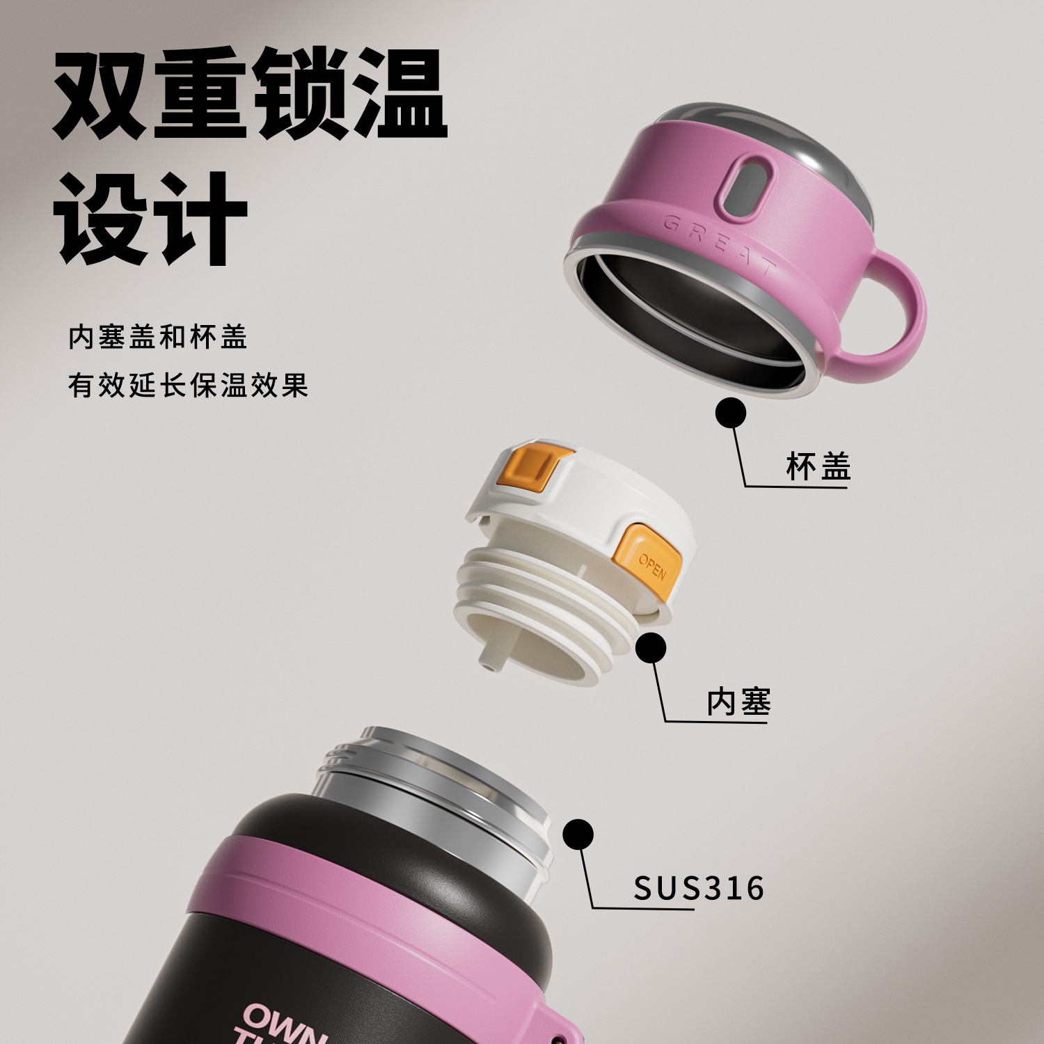 316 stainless steel high appearance level jumping cup, one-lid double-drinking cup with straw, insulated cup, outdoor portable sports water bottle Specification drawing