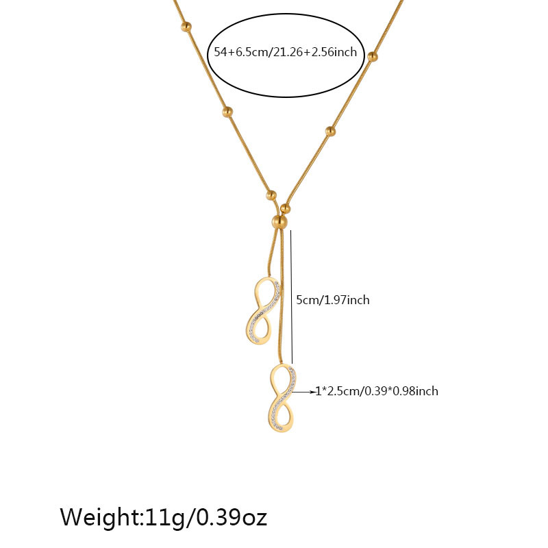 A new cross-border fashion, simple gold-plated stainless steel pull-out round feather figure-eight pendant necklace Item Picture