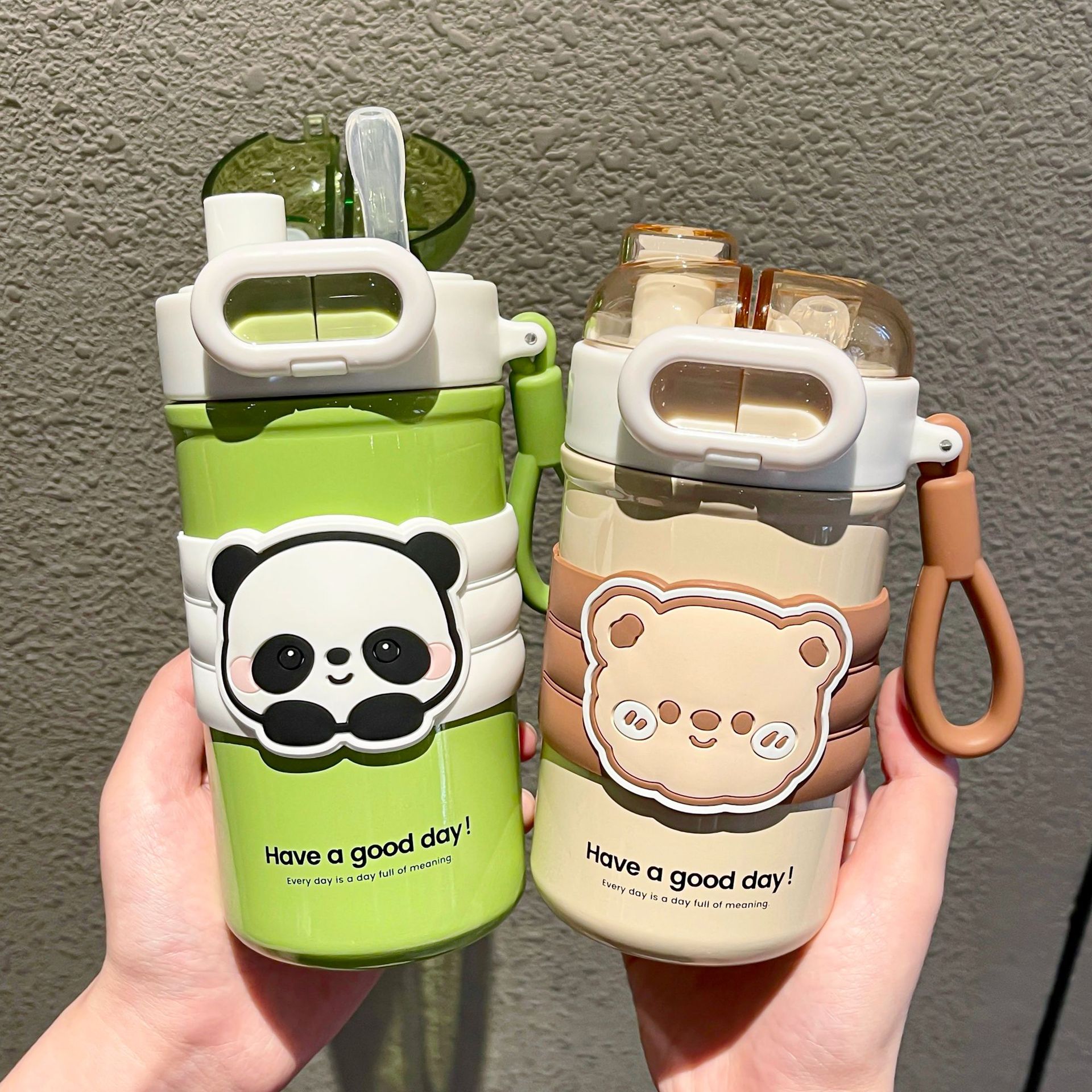 Colorful animal glasses, large and small thermos cups, sturdy handle ring for easy carrying, lock design, silicone cup sleeve, drinking cup Specification drawing