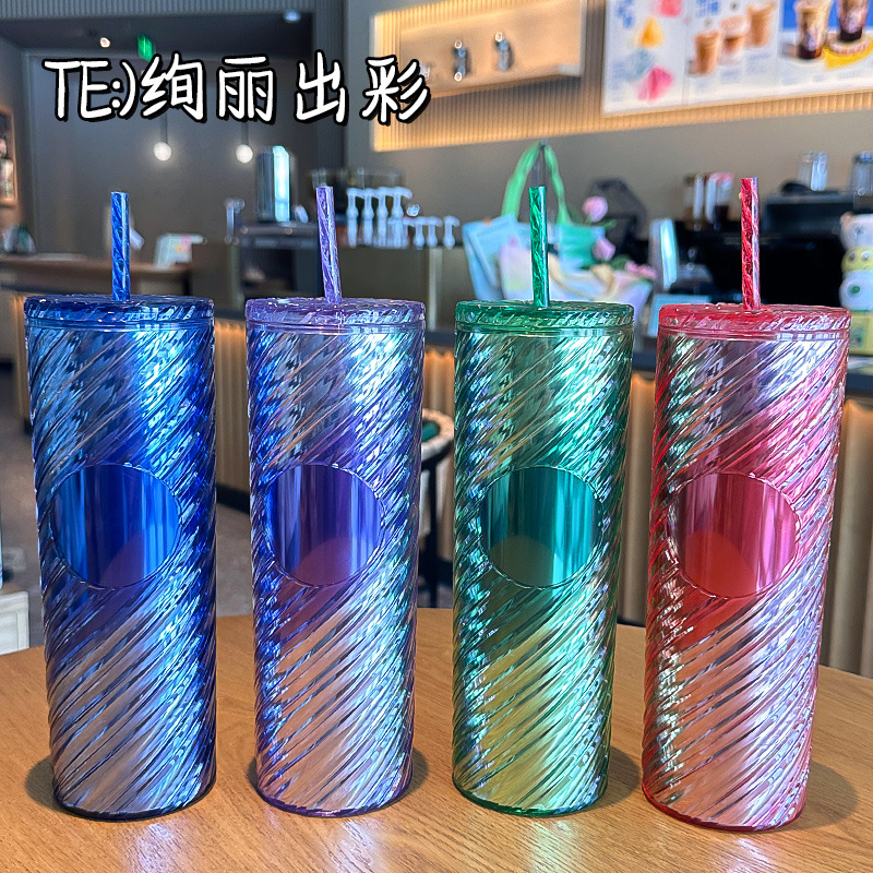 2025 New cross-border factory direct supply double-layer plastic straw cup, Xingba creative internet-famous water cup, rotating crystal cup full figure