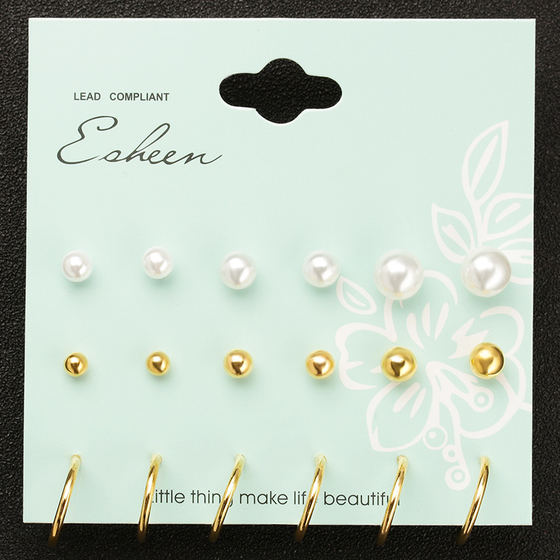 Wholesale of new large and small pearl round stud earrings, personalized U-shaped earrings, 9-pair set of earrings for European and American export full figure