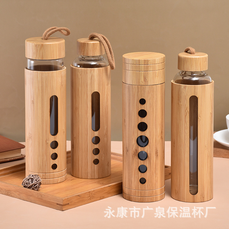 Customized foreign trade New bamboo shell full cover, single-layer glass cup, bamboo lid, sling rope, heat-insulating glass water cup factory details Picture