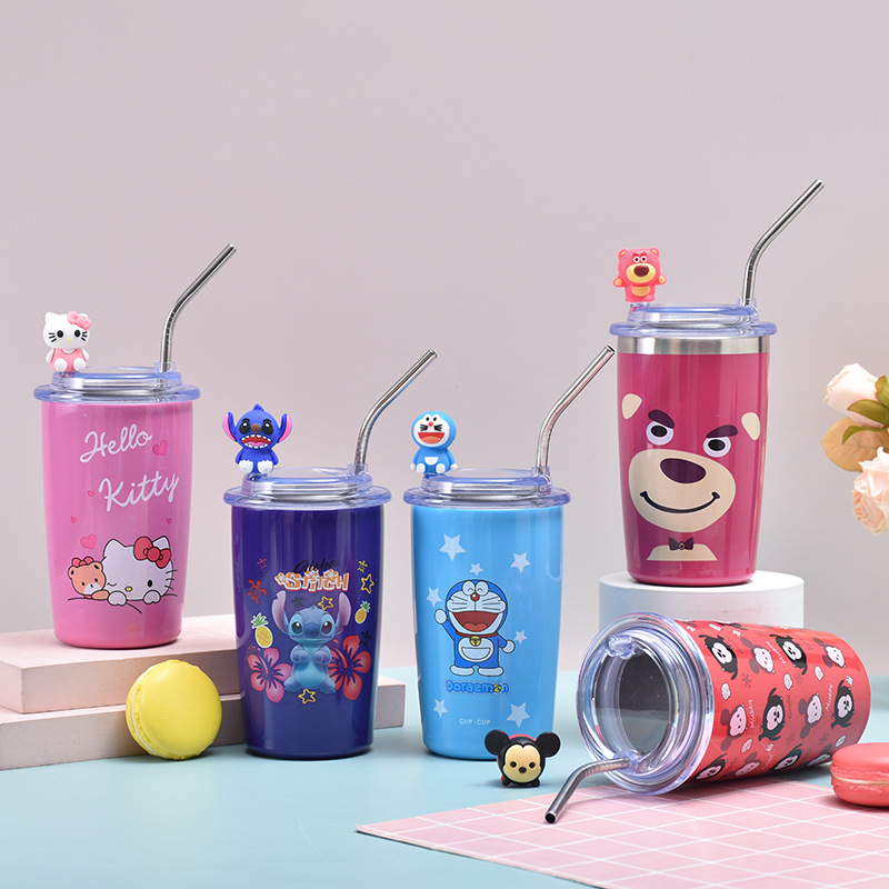 The popular stainless steel straws with high appearance level strawberry bear insulated cup, heat and cold preservation coffee cup, office insulated cup details Picture