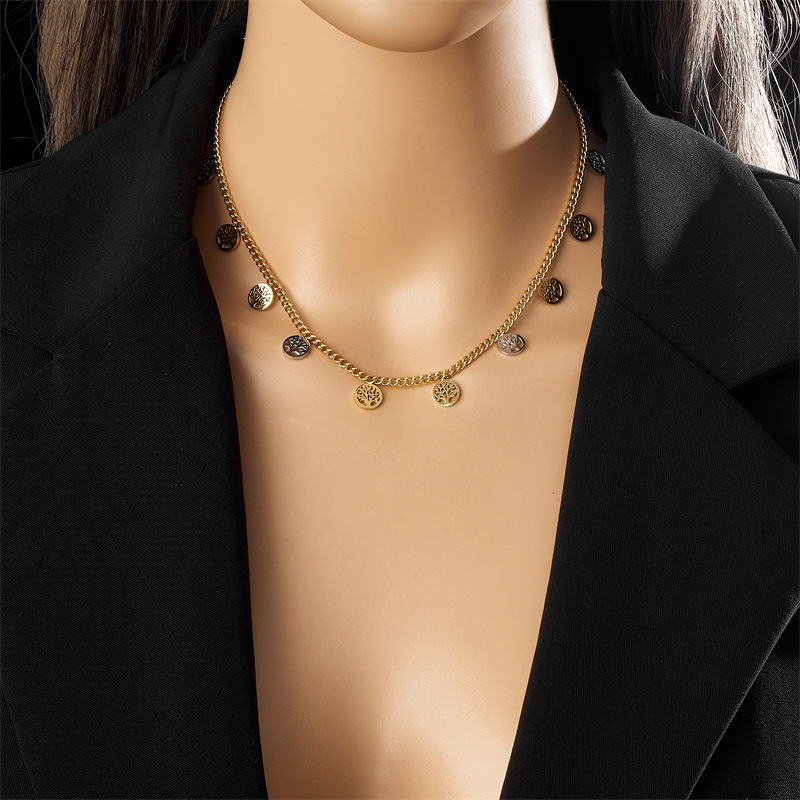 A European and American fashion niche design two-color accessory, butterfly Life tree pendant, gold-plated stainless steel chain necklace Specification drawing